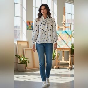 Vintage 70s Joyce Sportswear Ivory Floral Blouse  13/14 Bow Artsy Office Satin